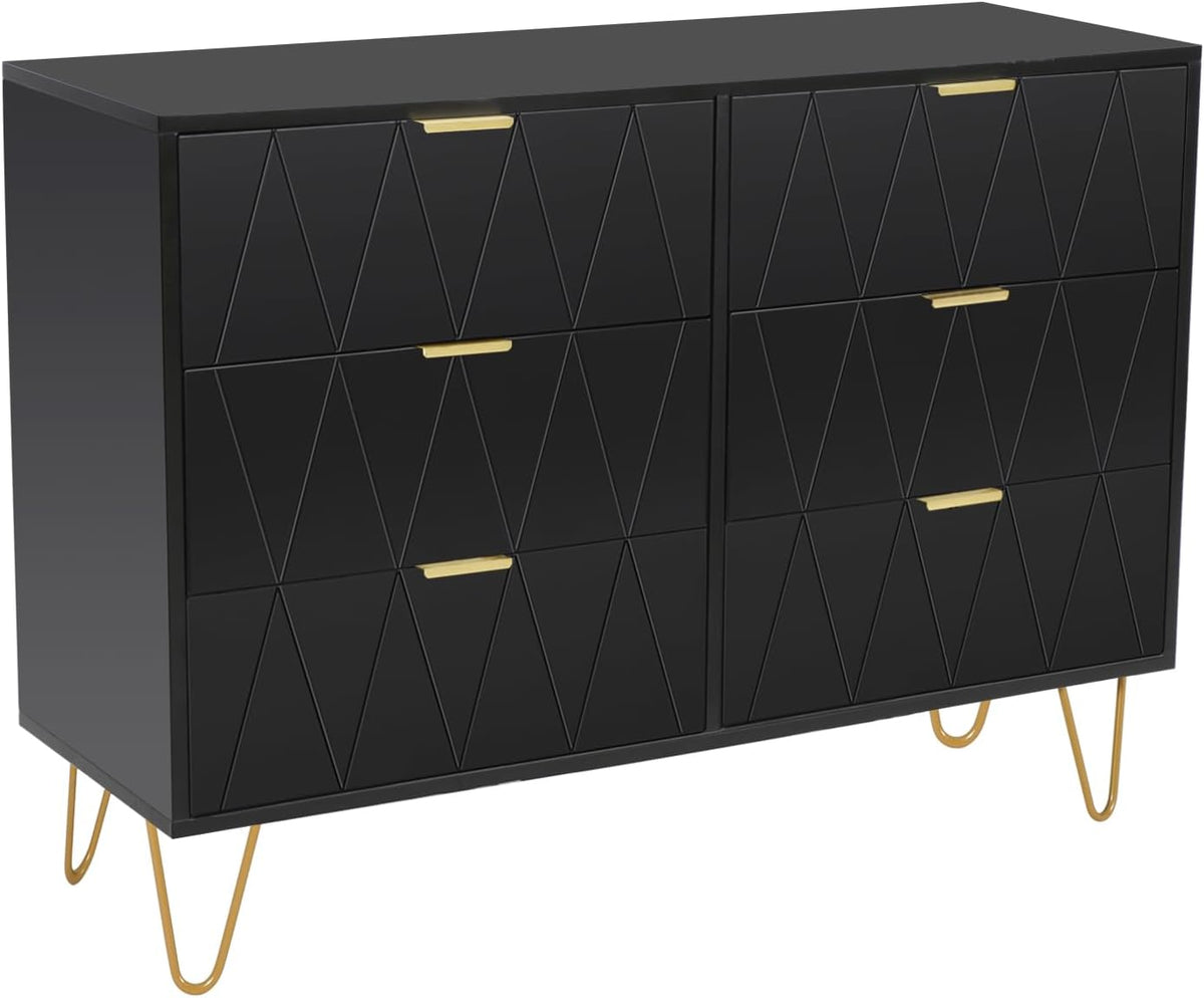 UEV Commode, Armoire avec 6 Tiroirs, Meuble de Rangement Chambre Enfant/Adulte, 100 x 34 x 73cm, Buffet Salon, Style Scandinave Elégant, Couleur Noir