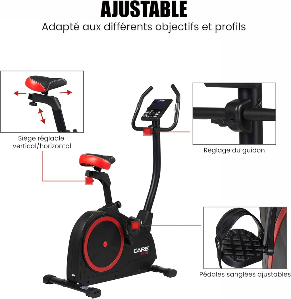 CARE FITNESS - Vélo d’Appartement CV-385-24 Niveaux de Difficulté - 24 Programmes - Compteur LCD Rétro-éclairé - Cardiofréquencemètres - Compatible avec l'application Kinomap - Port USB Noir