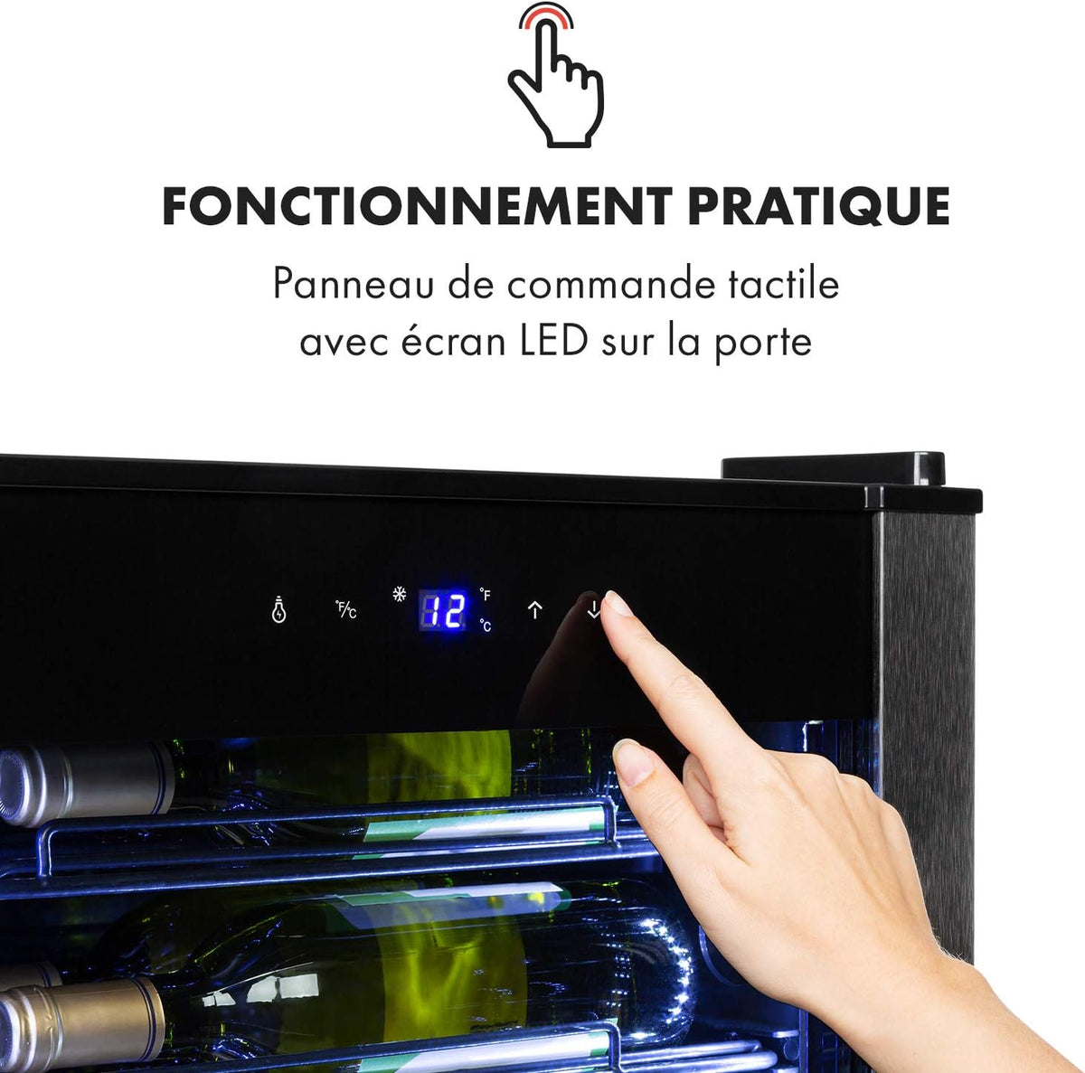 Klarstein Vinomatica - Cave à vin, Compacte, Capacité de 95L, 36 bouteilles, Porte panoramique, Cadre en acier inoxydable noir, Eclairage intérieur, 6 tablettes amovibles, Réglable de 4 à 18°C, Noir