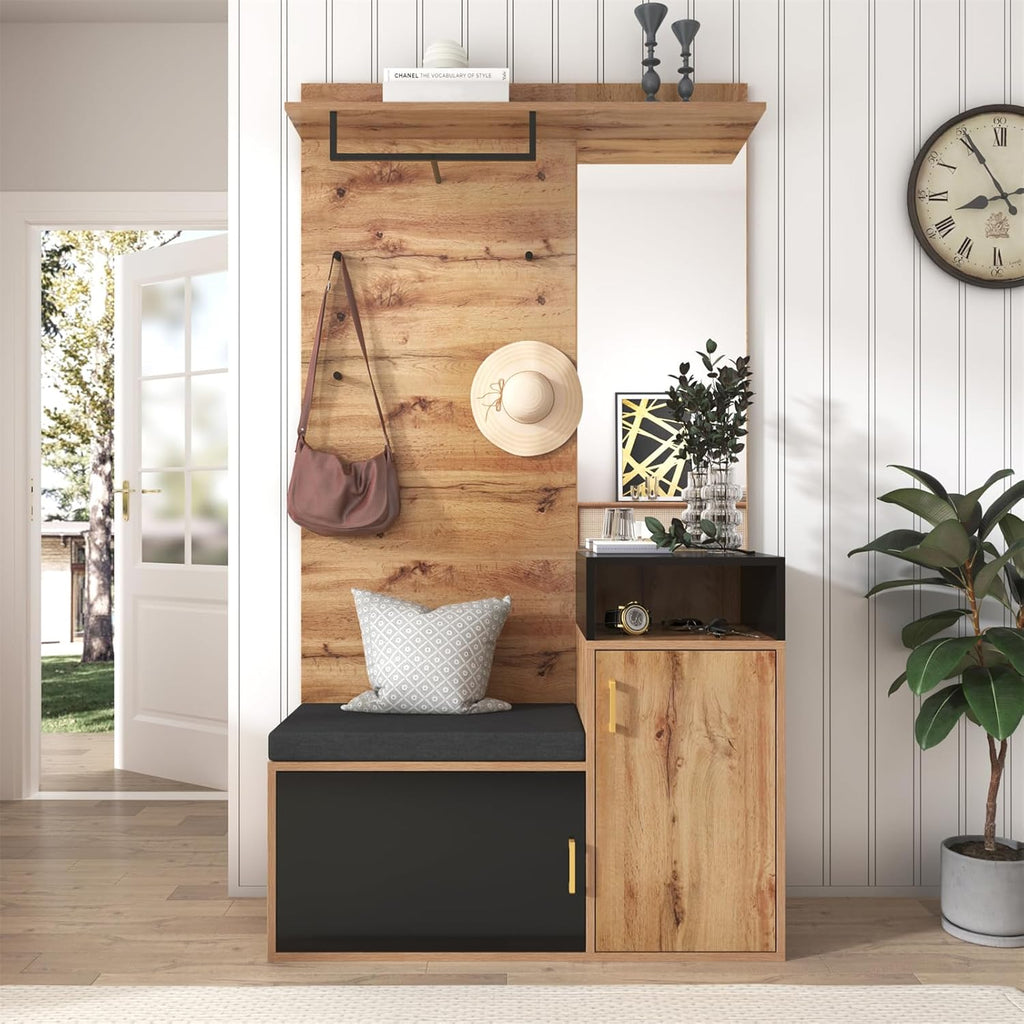 Sweiko Lot de 4 porte-manteaux avec 4 patères, miroir, armoire à chaussures, porte-manteau mural, étagère supérieure, couloir banc