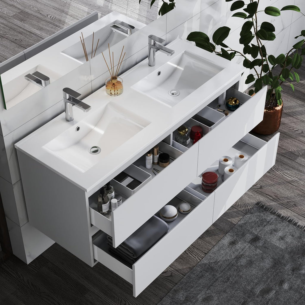 HAPAOSO Ensemble Meubles Salle de Bain 120 cm Blanc - Double Vasque Céramique, 4 Tiroirs de Stockage, Miroir LED Ovale Dimmable