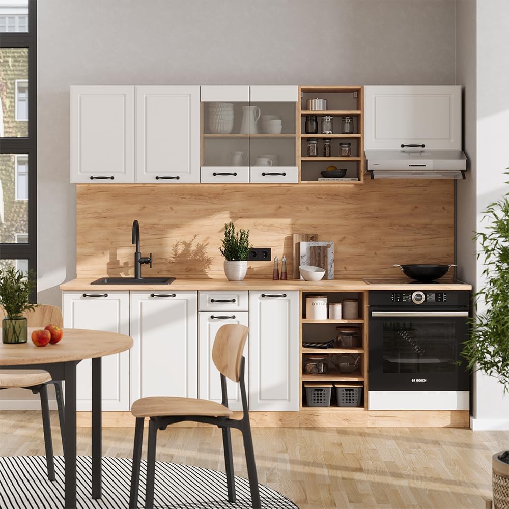 Vicco Cuisine R-Line, Blanc campagnard/Chêne doré, 240cm, PT Anthracite