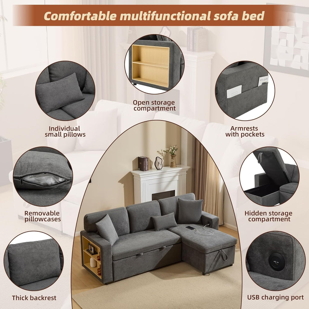 Canapé convertible 3 places en forme de L avec USB et étagère intégrée, meubles rembourrés, convertible avec tiroir de lit, meuble de salon, gris foncé
