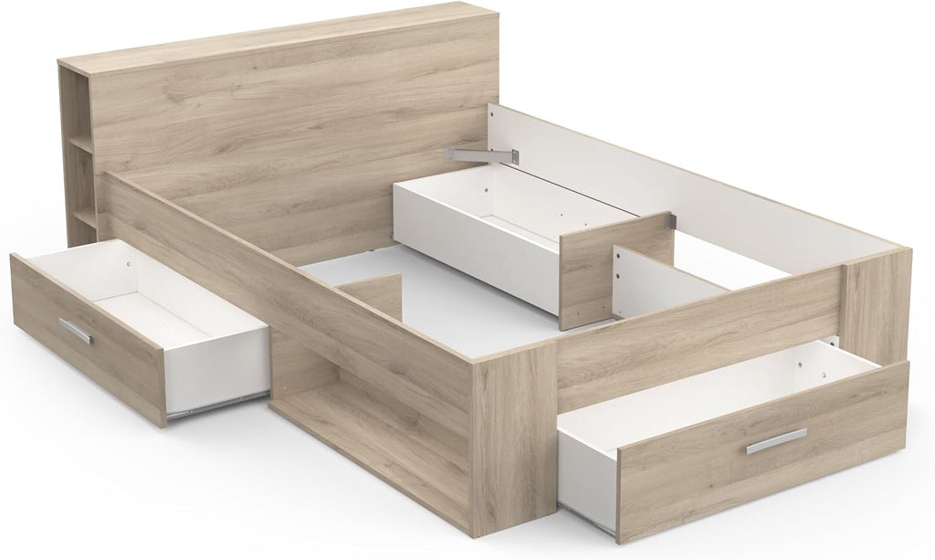 Lit avec Rangement 140x190 Style Contemporain 3 Tiroirs - Coloris Chêne - 150,1 x 217,1 x 74,3 cm