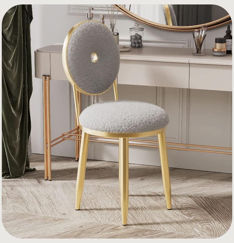 Tabouret de coiffeuse moderne avec pieds en métal doré, rond pour salon et chambre à coucher, repose-pieds rembourré en laine d'agneau pelucheuse, chaise de maquillage élégante et siège de coiffeuse.