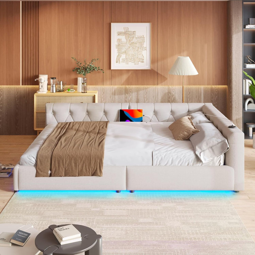 EURHCIO Canapé Lit 2 Places 140x200,Cadre de Lit Double avec Éclairage LED Réglable,Port USB-C,Sommier à Lattes Solide,pour Adultes Adolescents,Lin Beige, 140x200