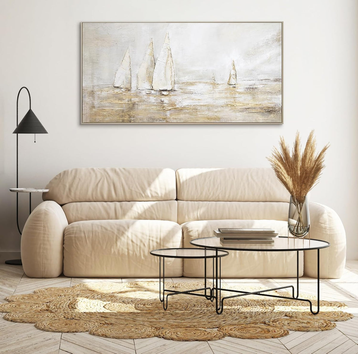 YS Tableau decoration murale salon peinte à la main Éblouissement solaire Peinture moderne paysage marin avec voiliers tons beiges avec or avec cadre 140x70 cm