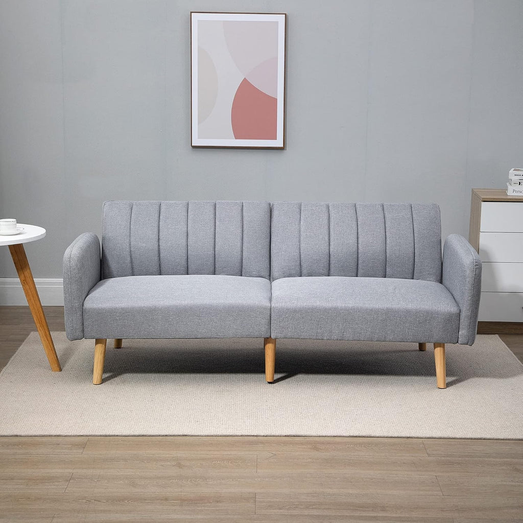 HOMCOM Canapé Convertible 2 Places Design scandinave Dossier inclinable 3 Positions Pieds Bois Tissu Aspect Lin Gris