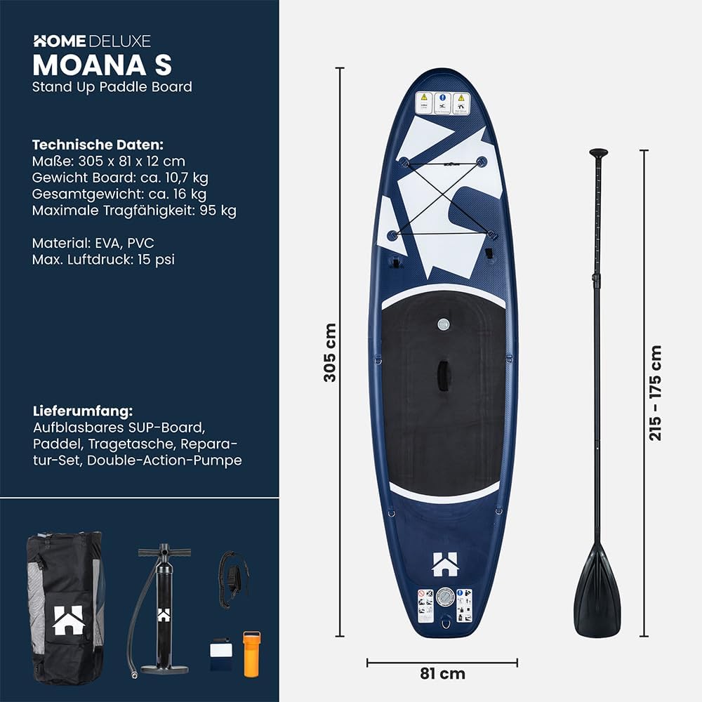 HOME DELUXE Planche de Stand up Paddle - Taille S, Bleu Sup Gonflable pour lac, mer et rivière