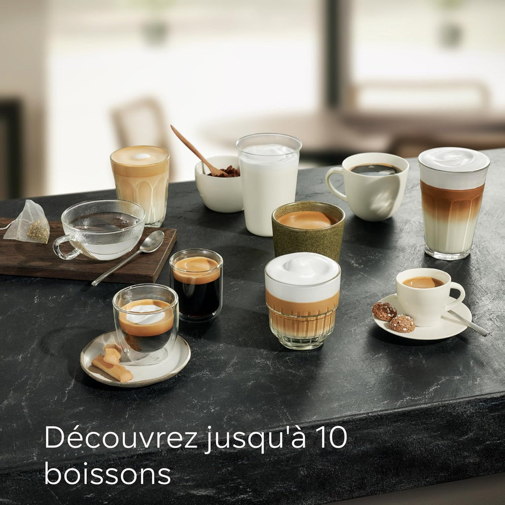 SIEMENS, machine à café tout automatique, EQ500, aromaDouble Shot, autoMilk Clean, ceramDrive, bandeau coffeeSelect, fonction double tasse, Noir/Argenté, TQ513R01