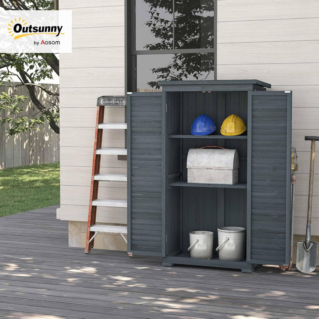 Outsunny Abri de Jardin abri à Outils sur Pied en Bois 2 étagères Portes à Volets Toit en Bitume incliné 87 x 47 x 160 cm Gris