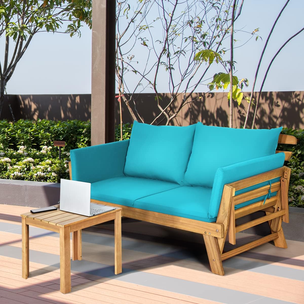 GIANTEX Daybed Canapé-lit pliable pour extérieur 2 personnes avec coussins et oreillers, cadre en bois pour porche avant et patio arrière Bleu turquoise