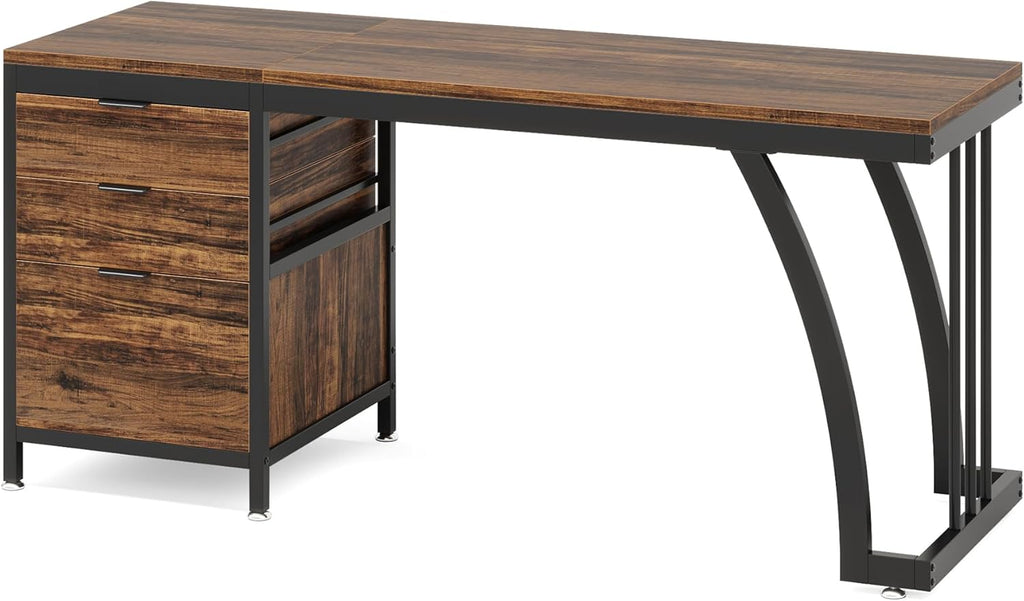 Tribesigns Bureau d'ordinateur avec 3 tiroirs 150 cm avec tiroirs réversibles - Bureau Industriel avec Plateau de Rangement (Marron Rustique.)