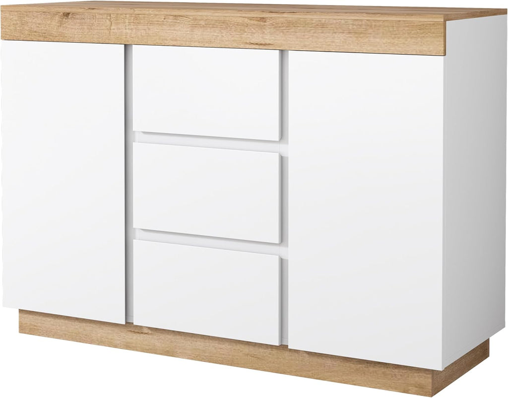 Merax Commode moderne avec 2 portes et 3 tiroirs pour salon, salle à manger et chambre à coucher, 120,5 x 40,2 x 82,5 cm, blanc et bois