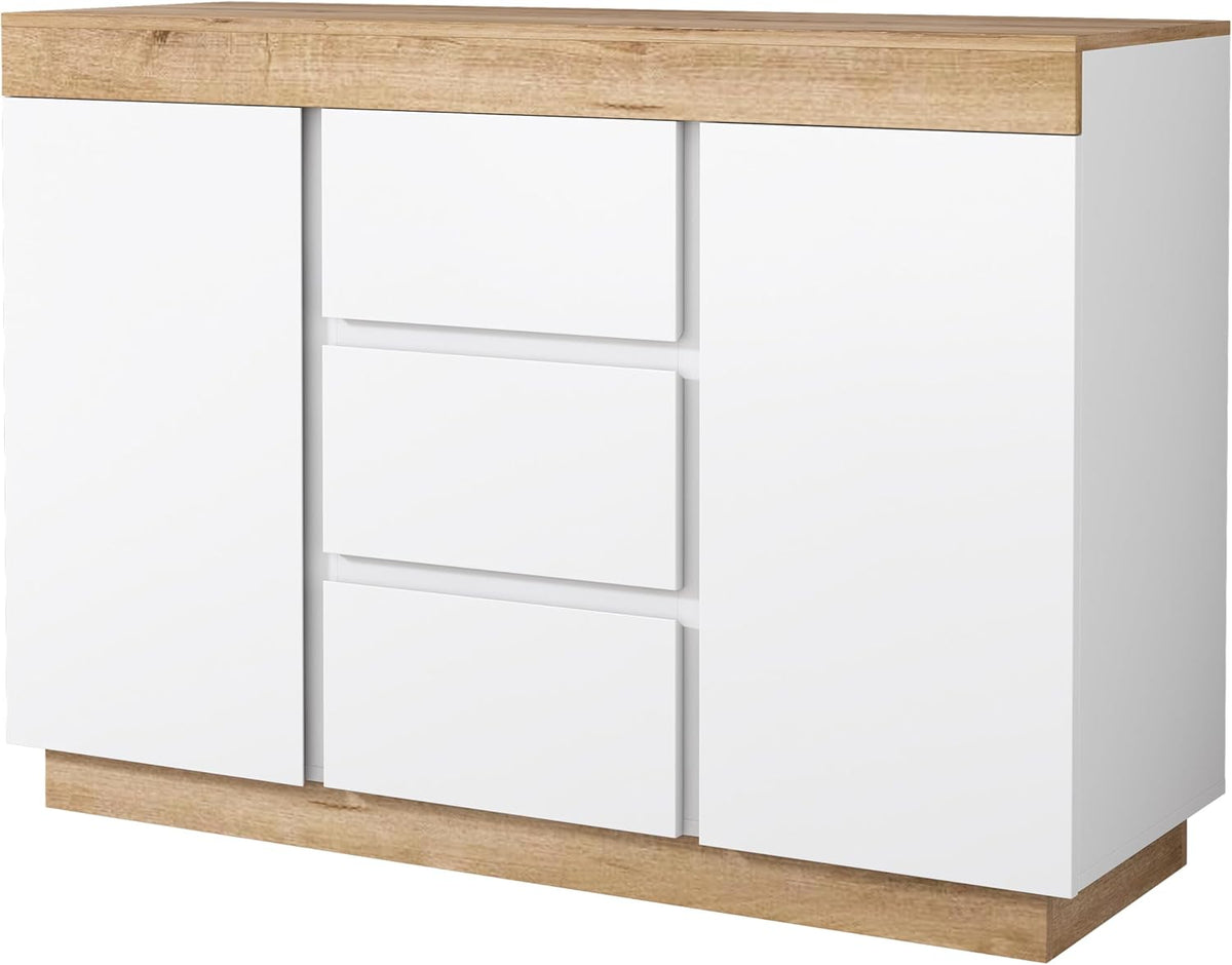 Merax Commode moderne avec 2 portes et 3 tiroirs pour salon, salle à manger et chambre à coucher, 120,5 x 40,2 x 82,5 cm, blanc et bois