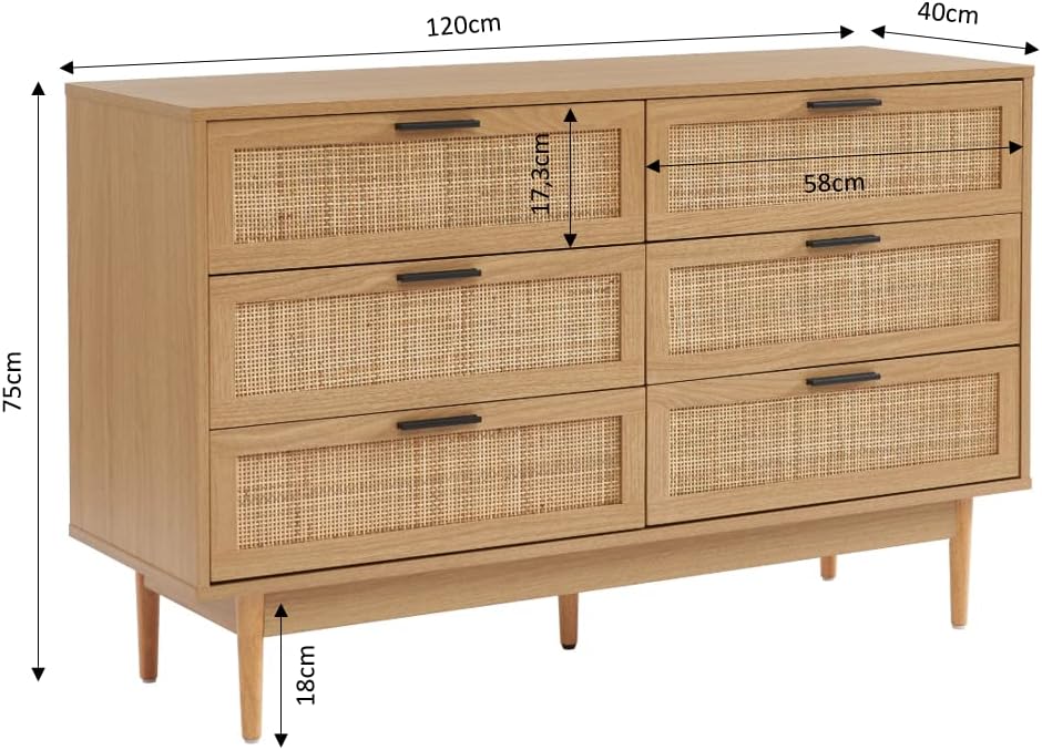 BAÏTA Commode Amana Effet chêne et cannage en rotin 6 tiroirs