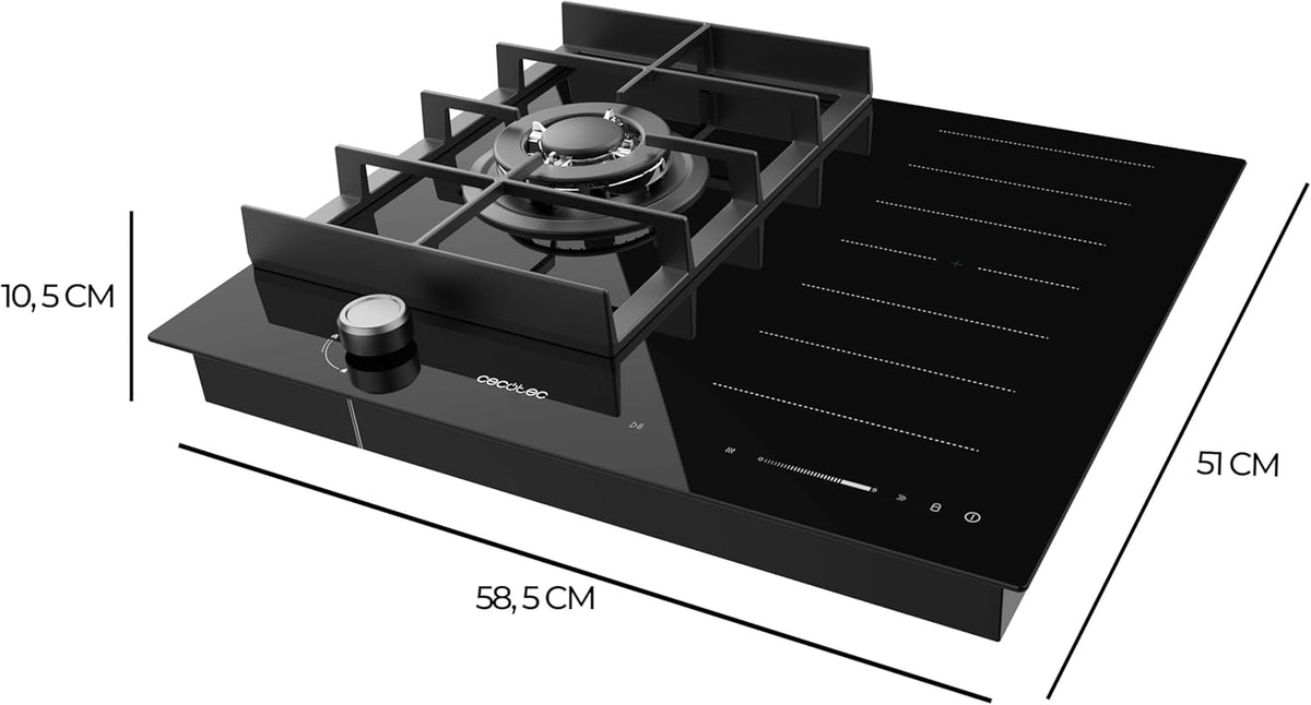 Cecotec Plaque de Cuisson à Induction et à Gaz Bolero Squad Gi 3500 Hybrid Fullflex, 3,4 Kw, 9 Vitesses, Fonctions Booster,Maintien au Chaud et Stop&Go, Zone Fullflex, Système de Sécurité des Valves