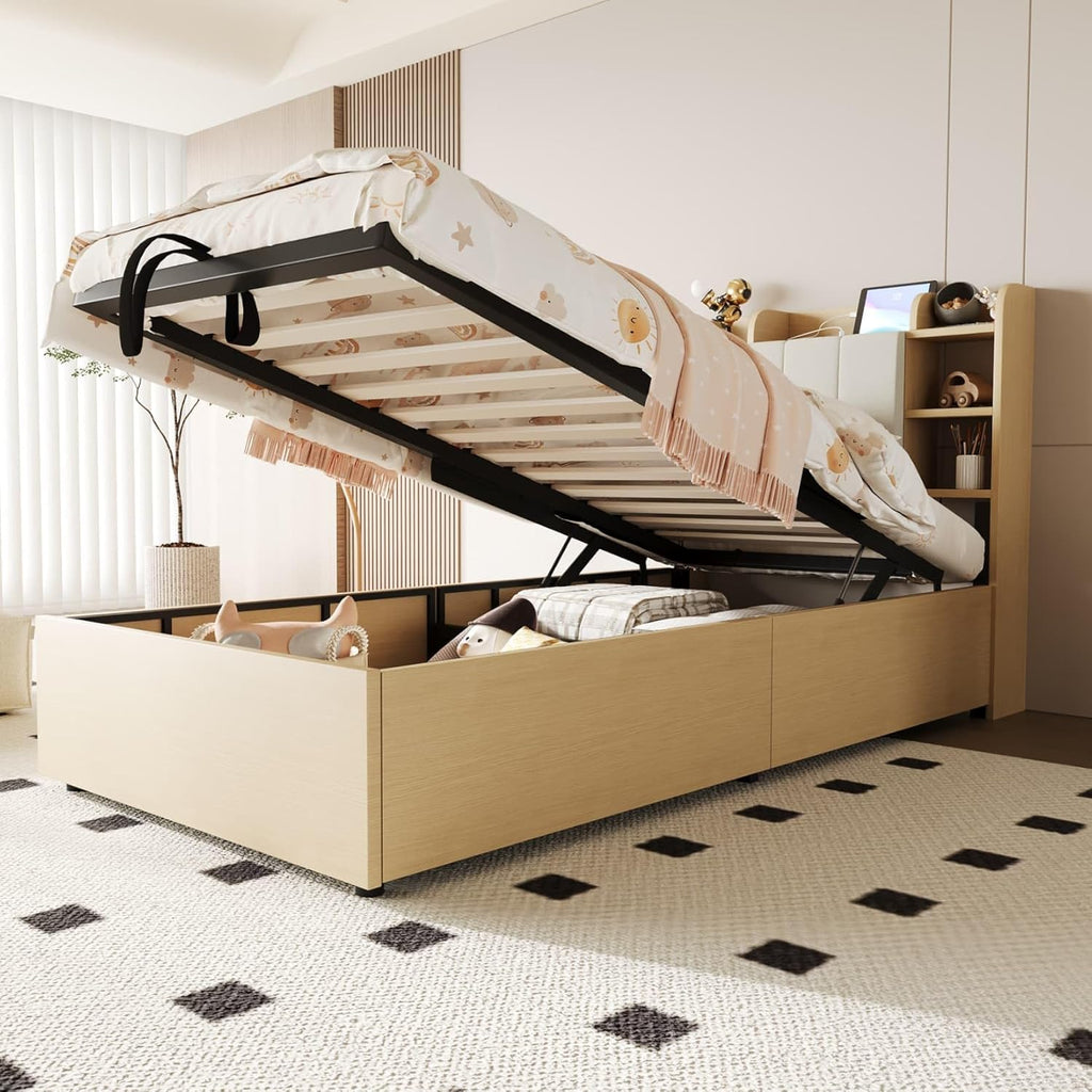 EURHCIO Lit Une Place 90x200 avec Ports USB/C,Tête de lit à Rangement,Lit Coffre avec Sommier à Lattes Solide,pour Ado Adulte Naturel, 90x200