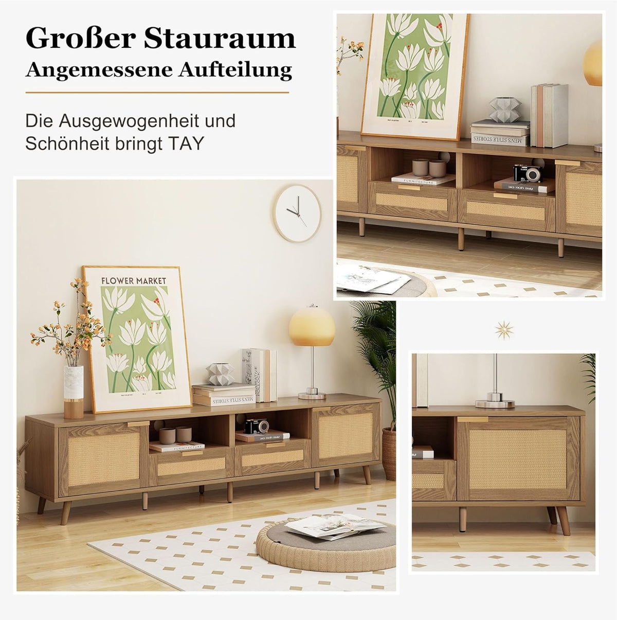 Jaxenor Meuble TV en rotin 200 cm, meuble de télévision, commode TV pour le salon, meuble de rangement pour écran 85 pouces, meuble TV avec beaucoup d'espace de rangement, 2 tiroirs, 2 portes, chêne