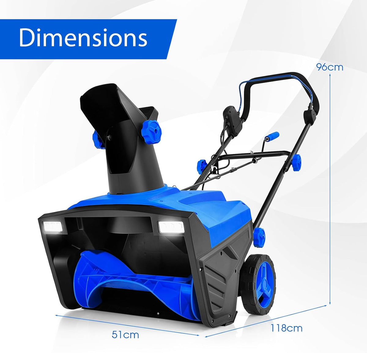 GYMAX Déneigeuse Électrique avec Lumières, Lame 50x25cm, Vitesse 3000rpm, Distance de Jet de Neige 9 m, Goulotte d'Éjection Réglable, Fraise à Neige à Brancher(Bleu)