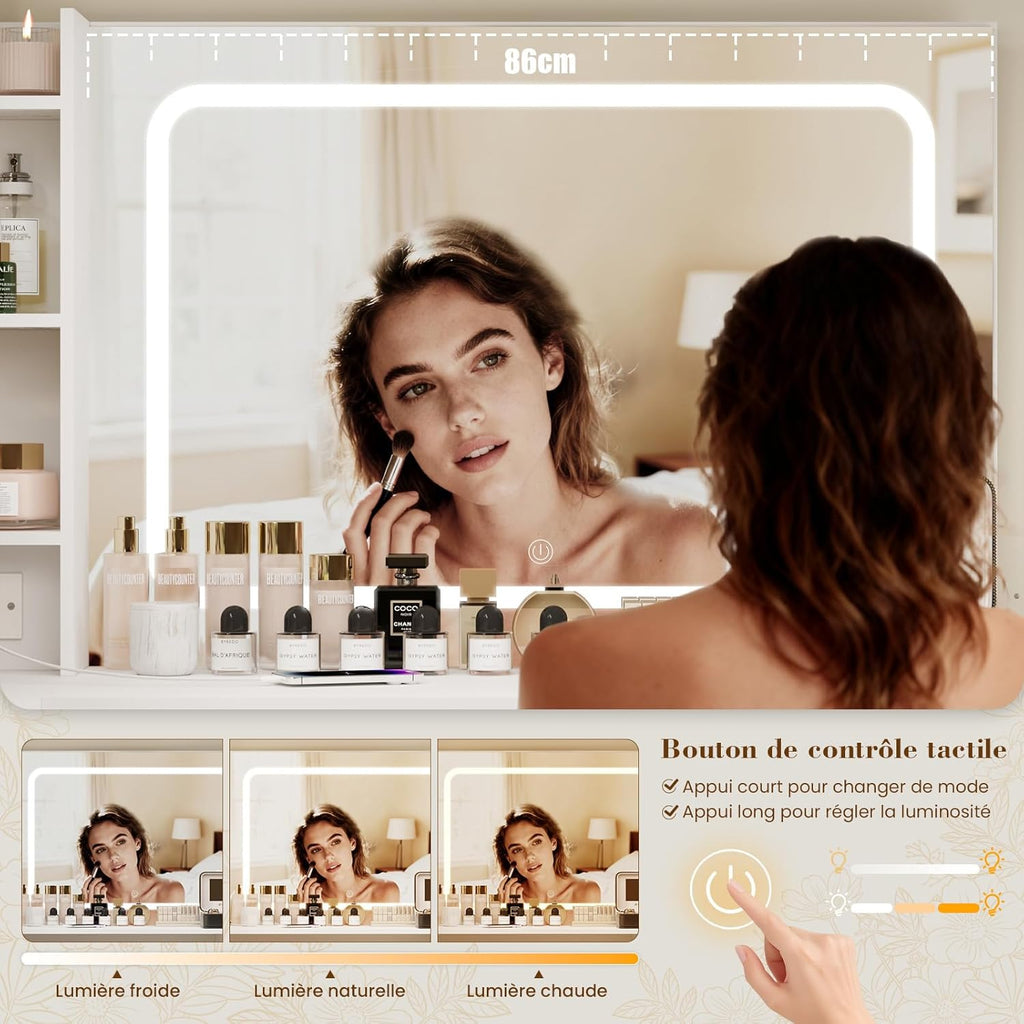 YOUDENOVA Table de maquillage avec grand miroir, coiffeuse d'angle en forme de L avec éclairage LED réglable et prises, luminosité réglable, armoire à 3 tiroirs, 7 compartiments ouverts, blanc