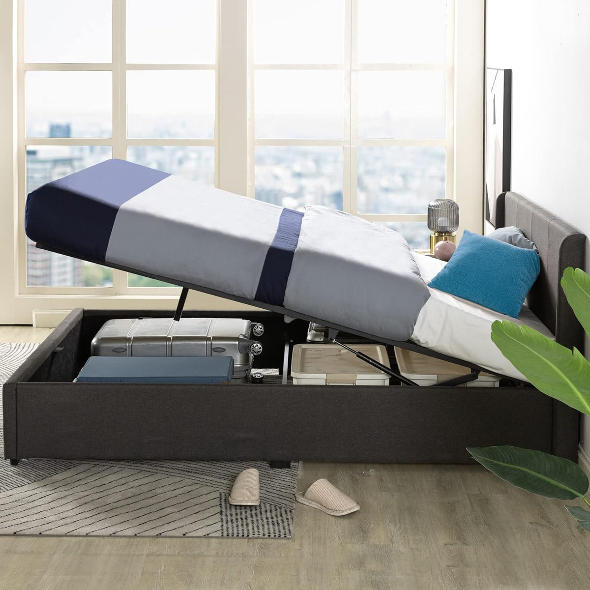 Zinus Maddon Lit Coffre 160x200 cm - Hauteur 31 cm - Système de Levage Hydraulique - Tête et Cadre de Lit Double en Bois tapissier - Gris foncé