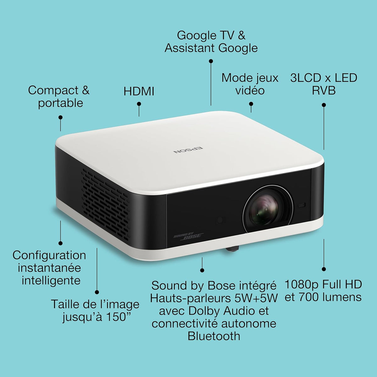 Lifestudio Pop EF-61W Blanc Diamant, Projecteur portatif Smart, Google TV, Full HD, Utilisation en intérieur/extérieur, Garantie de 5 Ans*