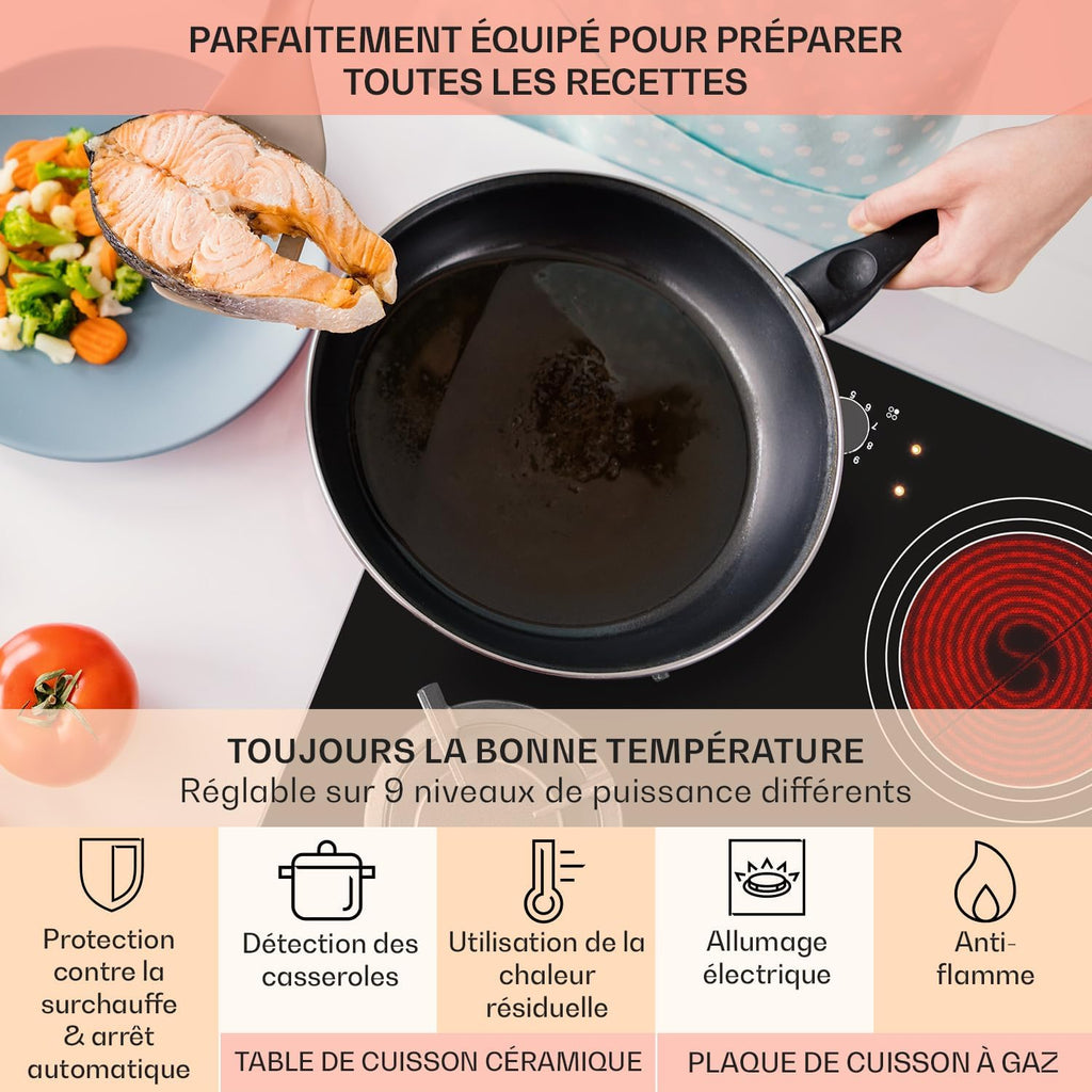 Klarstein Plaque de Cuisson Mixte 4 Feux, Vitrocéramique et Gaz, Acier Inoxydable, 6.4kW