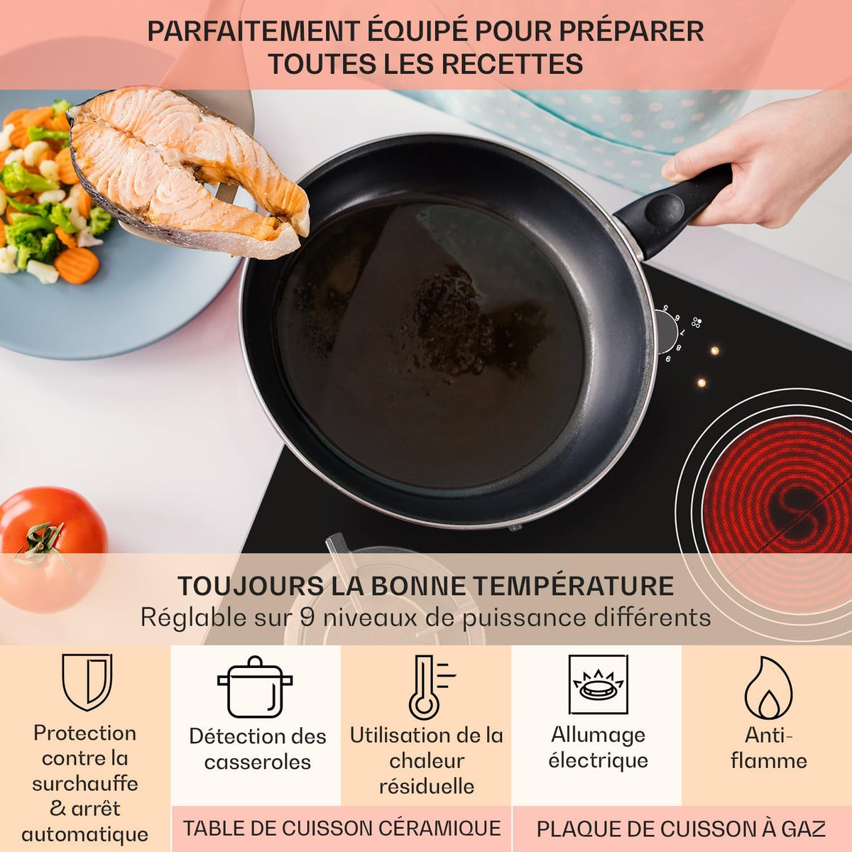 Klarstein Plaque de Cuisson Mixte 4 Feux, Vitrocéramique et Gaz, Acier Inoxydable, 6.4kW