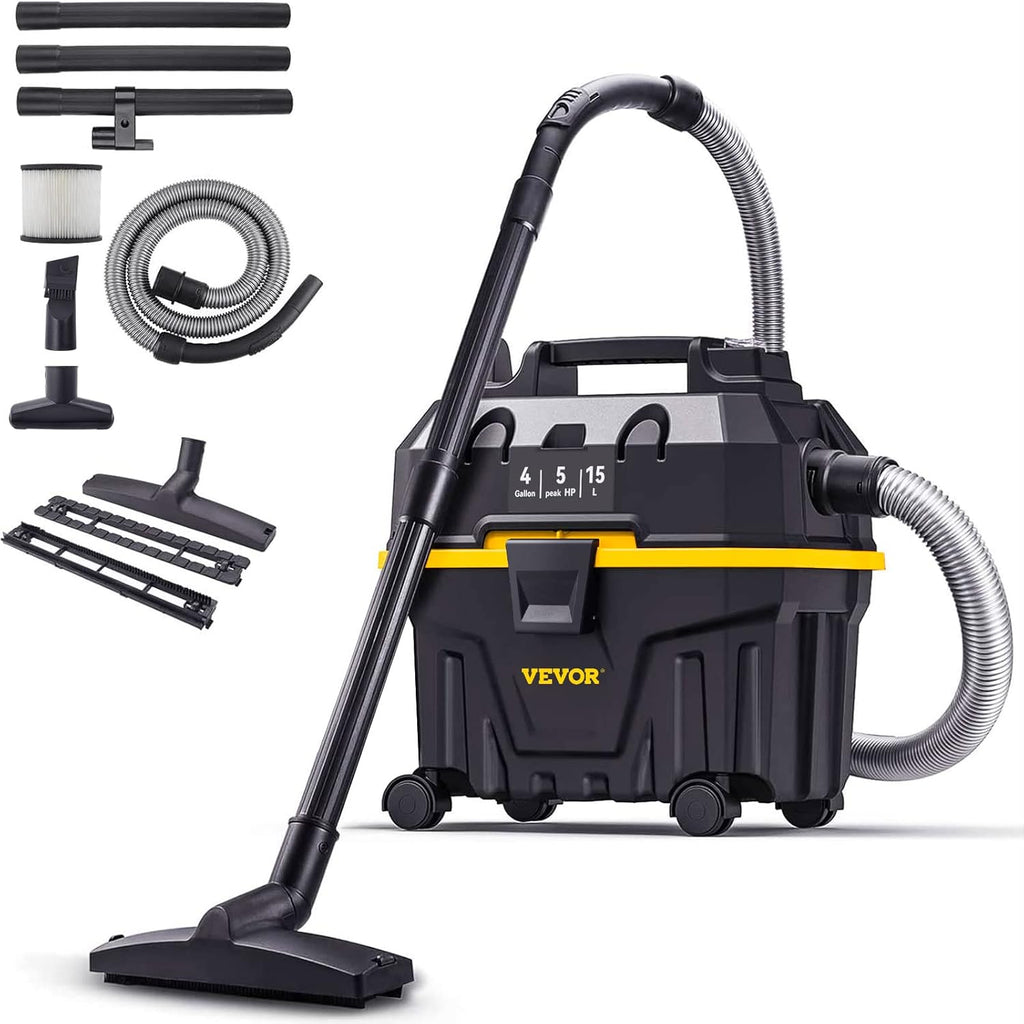 VEVOR Wet & Dry, 4 gallons, 5 Peak aspirateur 3 en 1 avec fonction de soufflage, accessoires portables de nettoyage des sols, tissus d'ameublement, lacunes, voiture, certifié ETL, noir/jaune