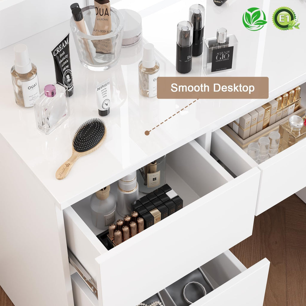Devoko Coiffeuse LED avec 7 Grands Tiroirs, 3 Couleurs avec Luminosité Réglable, Table de Maquillage, Coiffeuse avec Miroir pour la Chambre à Coucher Blanc