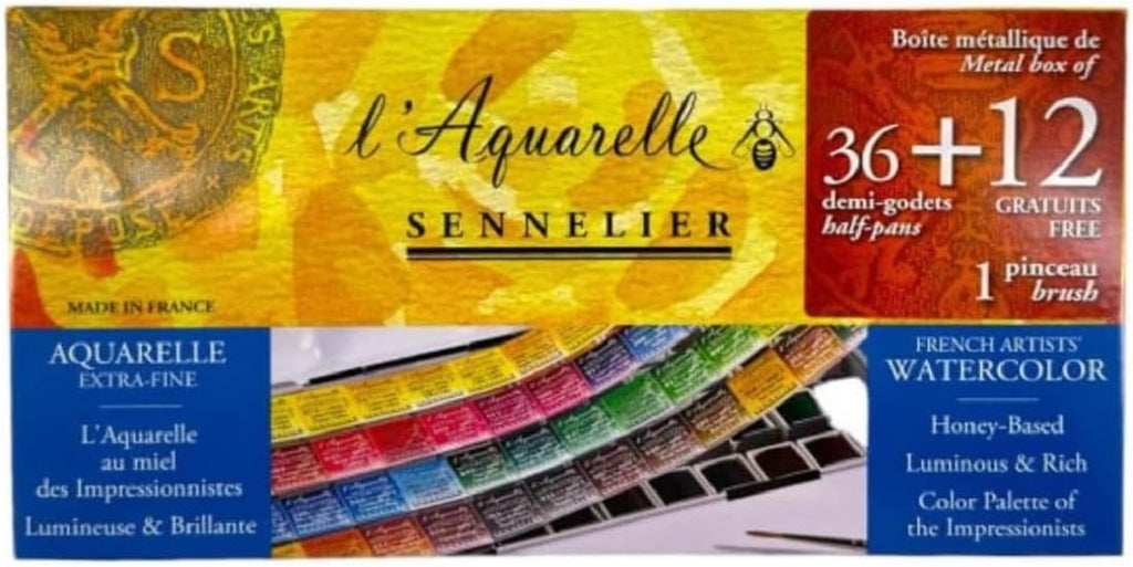 Sennelier Boîte de Peinture Aquarelle Extra-Fines,48 demi-godets Boîte en métal(36 +12) avec 2 pinceaux + 2 cartes postales et estompe EMI CRAFT