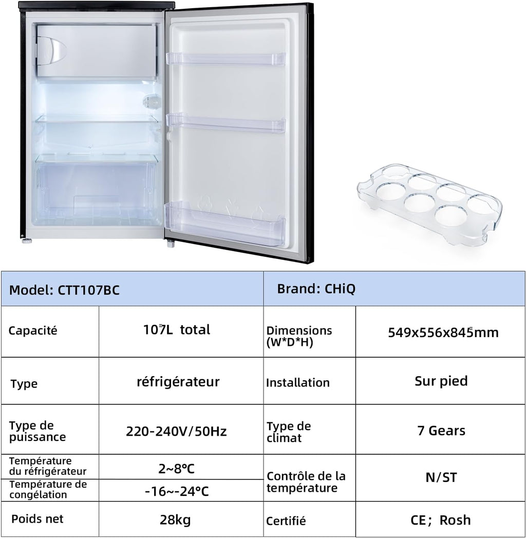 CHIQ Réfrigérateur congélateur 107 L, Classe D, Efficacité énergétique, Ultra silencieux (39 dB), Contrôle de l'humidité, Porte réversible
