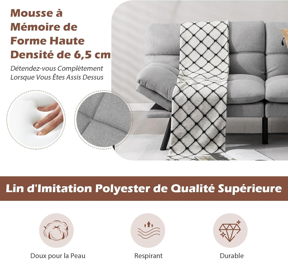 COSTWAY Canapé-Lit Convertible 5 en 1 avec Dossier et Accoudoirs Réglables, Canapé Futon 3 Places en Mousse à Mémoire, Pieds Métalliques, pour Petits Appartements, Salon, Bureau, Charge 273 kg (Gris)