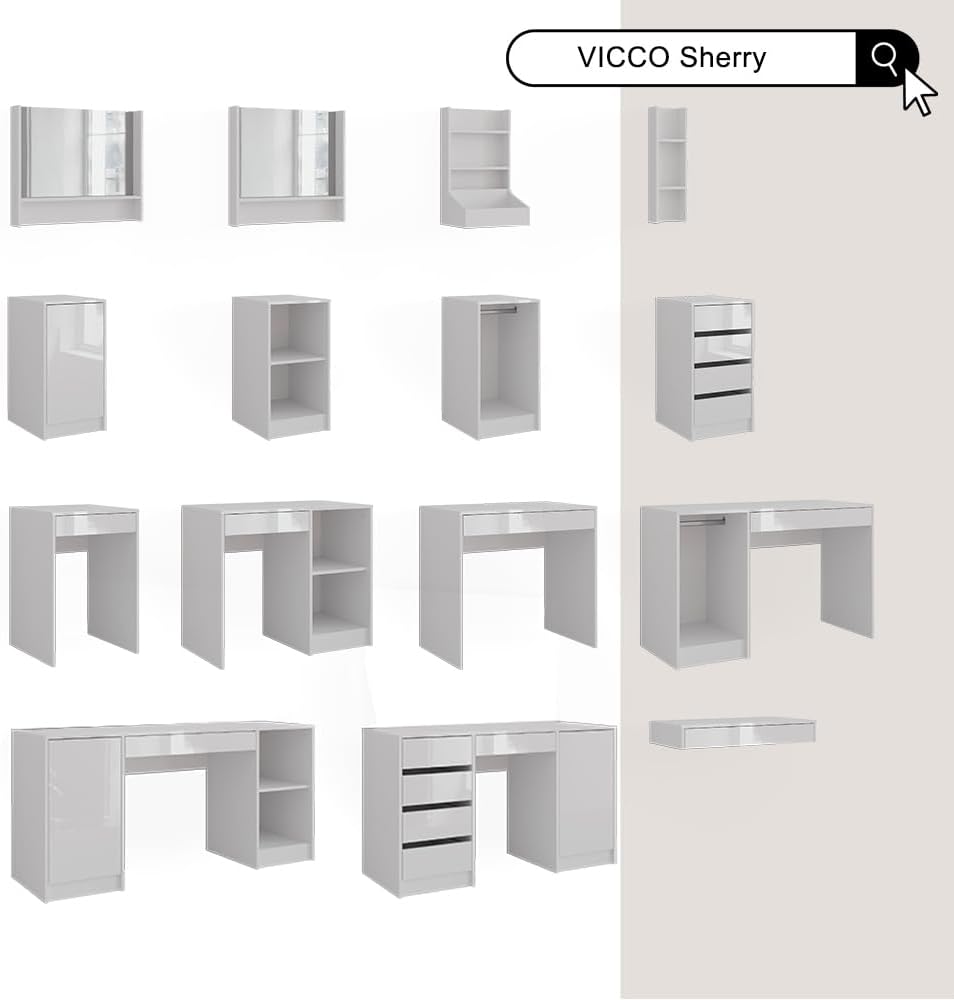 Vicco Coiffeuse Sherry, Blanc/Blanc Brillant, 128.2cm avec Miroir LED