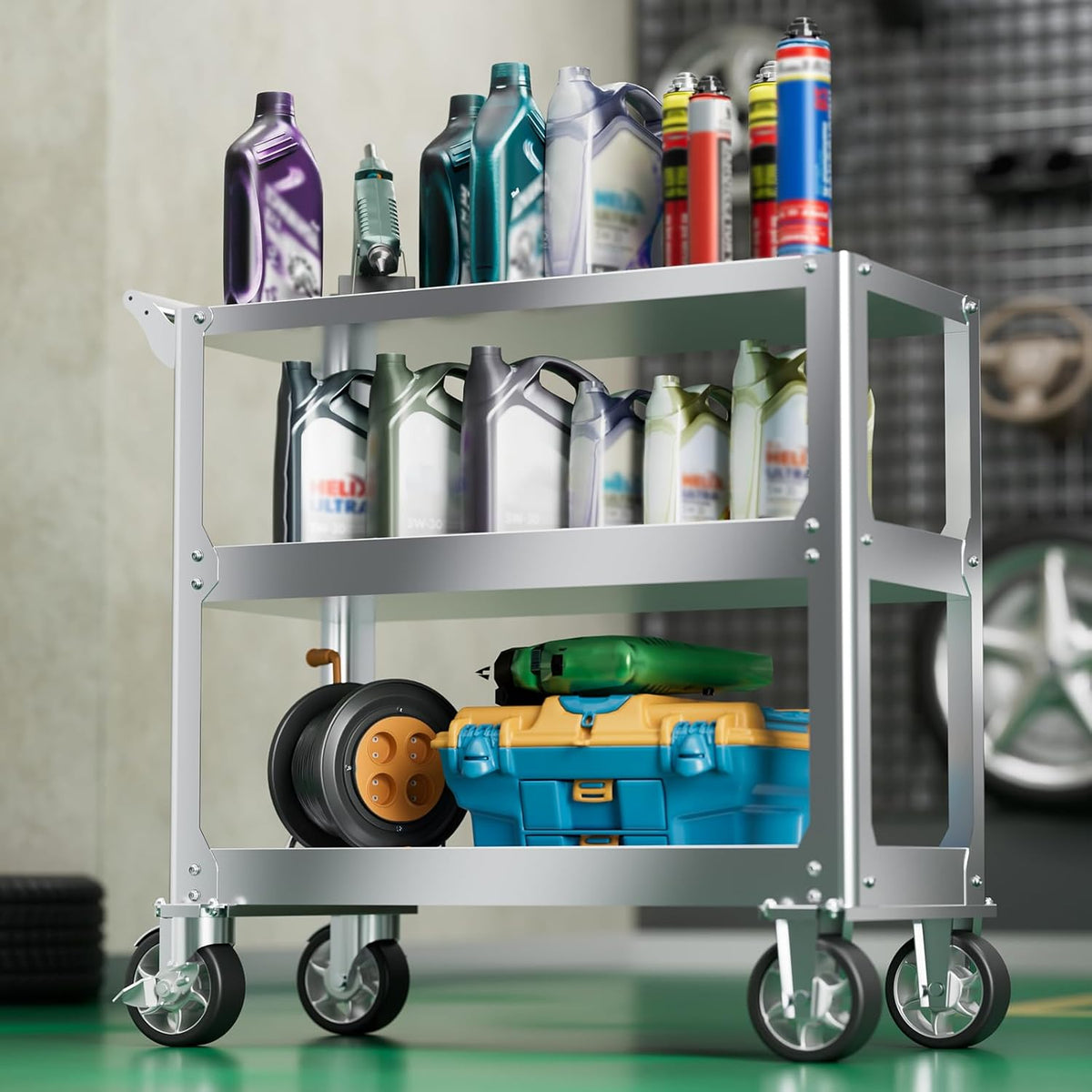 Vockol Chariot d'Atelier en Acier Inoxydable, Chariot à Outils à 3 Étages d'une Capacité de 500kg, Chariot de Travail, Chariot Servante d'Atelier pour Garage, Atelier, Cuisine, 78 x 46 x 92 cm