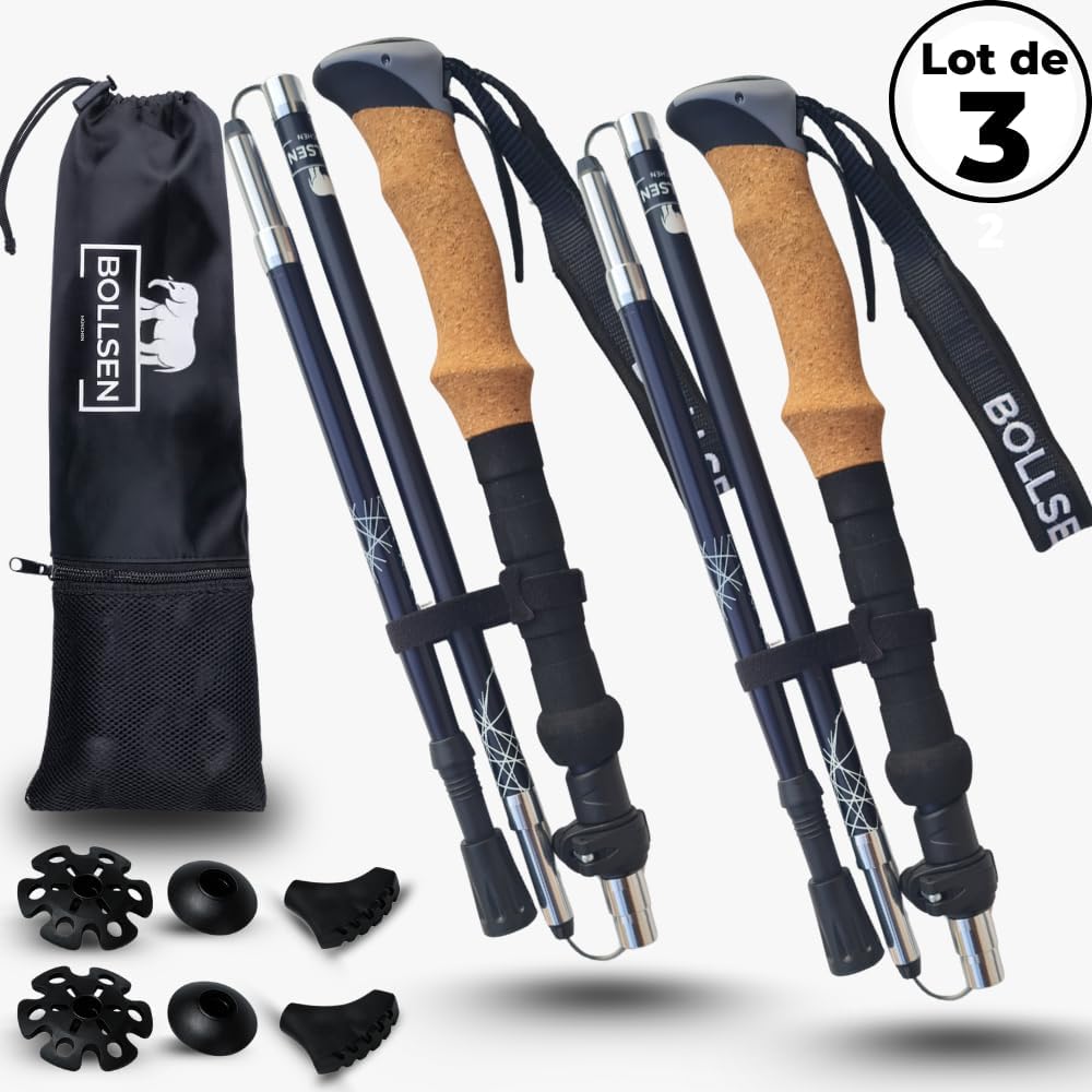 BOLLSEN Expedition Pro Bâtons de randonnée – Bâtons de Trekking en Aluminium légers, Pliables et réglables en Hauteur – Bâtons réglables pour randonnée, Trekking et Marche Nordique