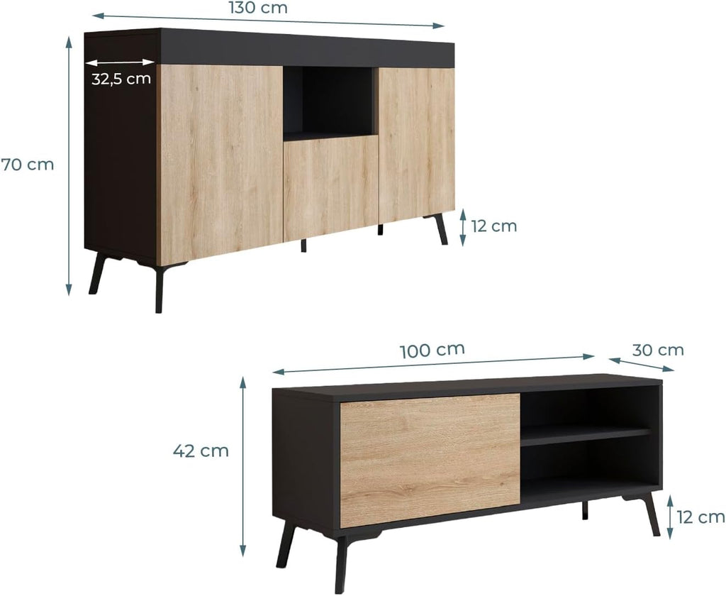 MB Muebles Bonitos, Ensemble de Meubles de Salon Kai avec Buffet et Meuble TV, Design Moderne, Mélamine Mate, Couleur Noir et Sonoma