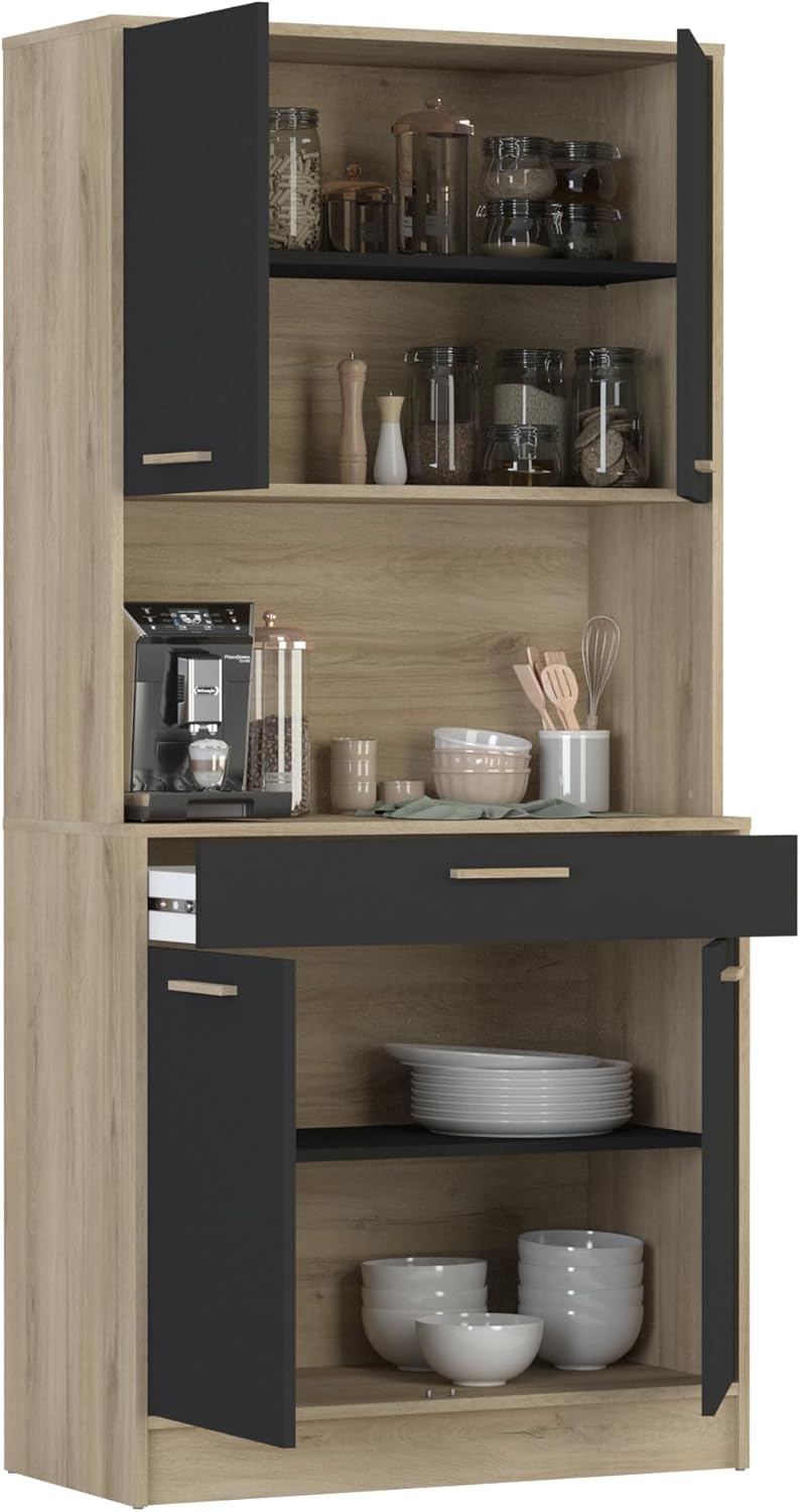 Buffet Industriel 4 Portes 1 Tiroir 1 Grande Niche Résistant à l'eau et Idéal Micro-Onde - Coloris Bois Clair et Noir - 83,3x40x176,1 cm