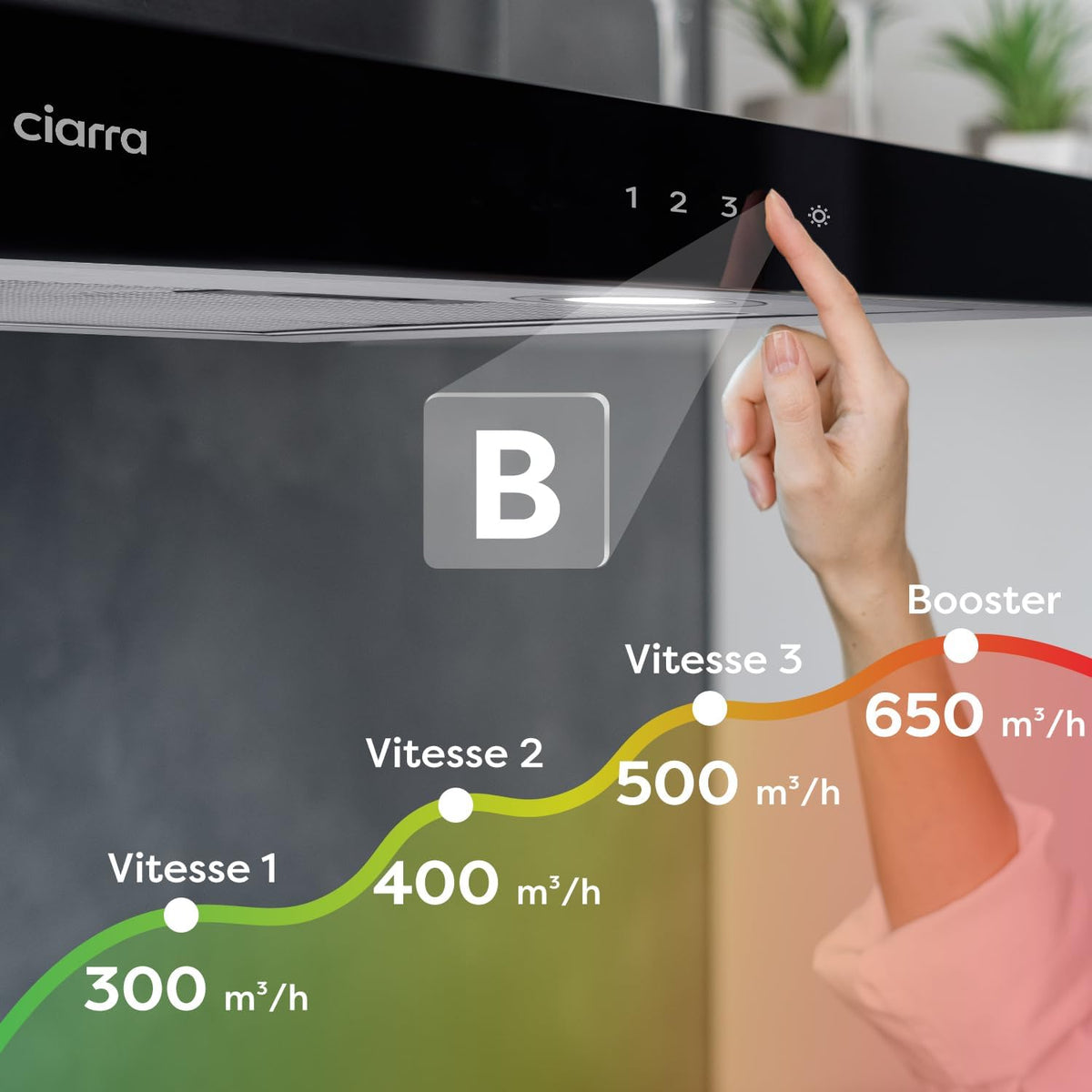 Ciarra Hotte Aspirante 60cm A+++ 650 m3/h, 4 Vitesses et Boost, Silencieuse, Commande Tactile et WiFi, Éclairage LED Réglable - Inox - CBCS6102