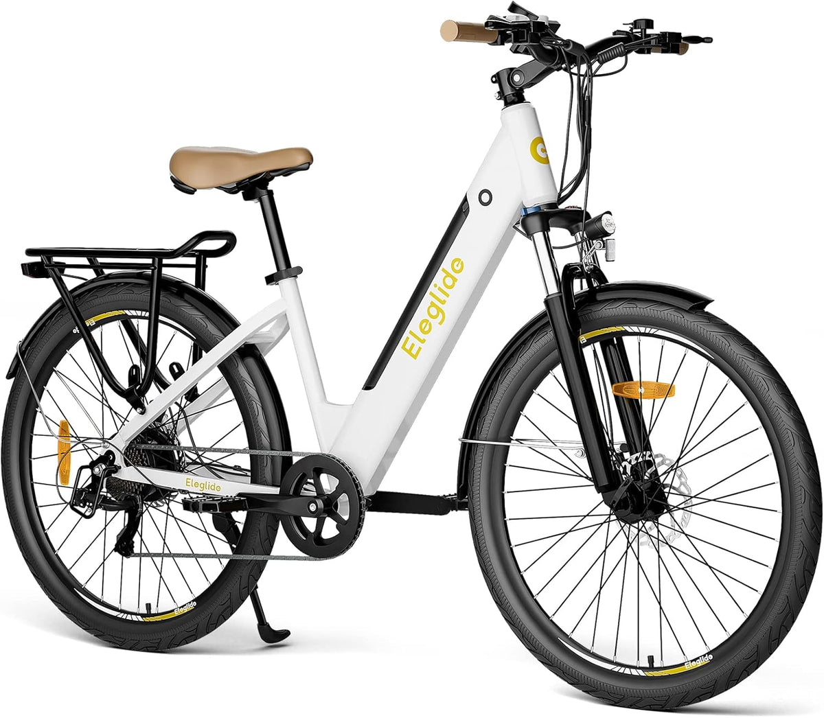 Eleglide T1 Step-Thru Vélo Électrique, Vélo de Trekking électrique, E-Bike 27,5 Pouces, Batterie 36V 12,5AH, 7 Gear, Double Frein à Disque, Blanc VTC Electrique Homme Femme