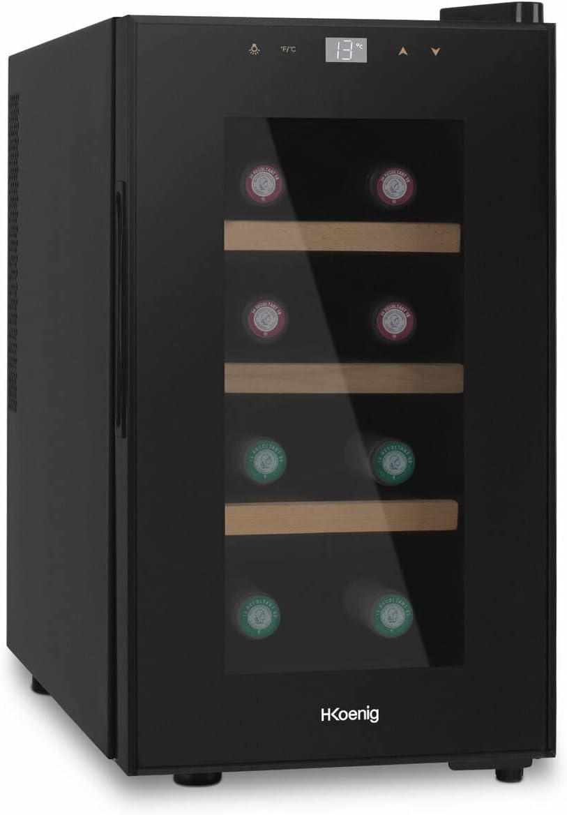 H.Koenig Cave à vin Réfrigérante Thermo Electrique 8 bouteilles de conservation AGE8 25L, Professionnelle Inox, multi température 11°C-18°C, Silencieuse, Eclairage intérieur, 3 Etagères