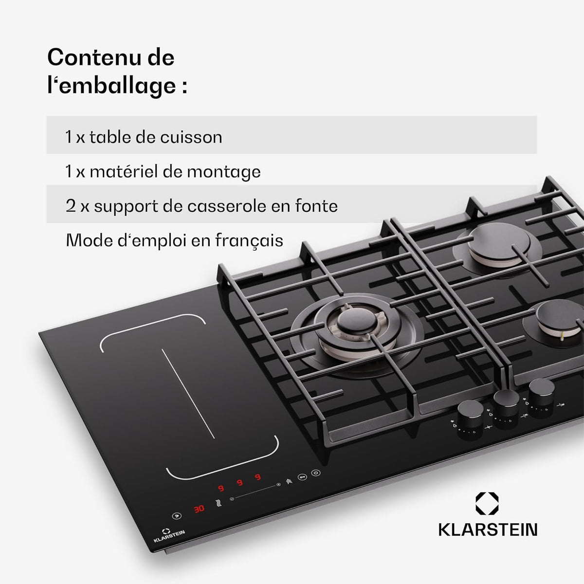 Klarstein MultiChef 5 Plaque Induction Et Gaz - 5 Zones, Flexzone, 10,6 Kw, Commande À Glissière, Stop&Go, Minuterie, Noir, 87,5 Cm
