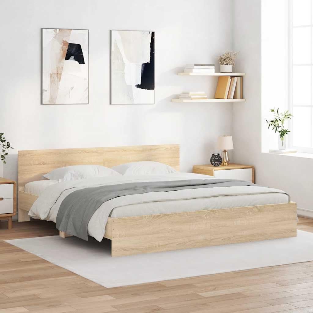vidaXL Cadre de Lit avec Tête de Lit, Lit Double avec Sommier à Lattes, Lit Adulte, Meuble de Chambre à Coucher, Moderne, Chêne Sonoma 180x200 cm