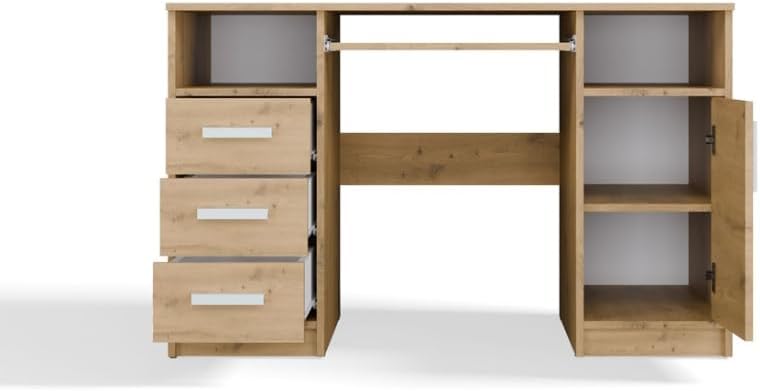 BDW Delta Bureau avec 3 tiroirs et 1 armoire, 120 x 75 x 60 cm, plateau pour clavier, Biruo, chambre d'enfant, salon, chêne artisanal