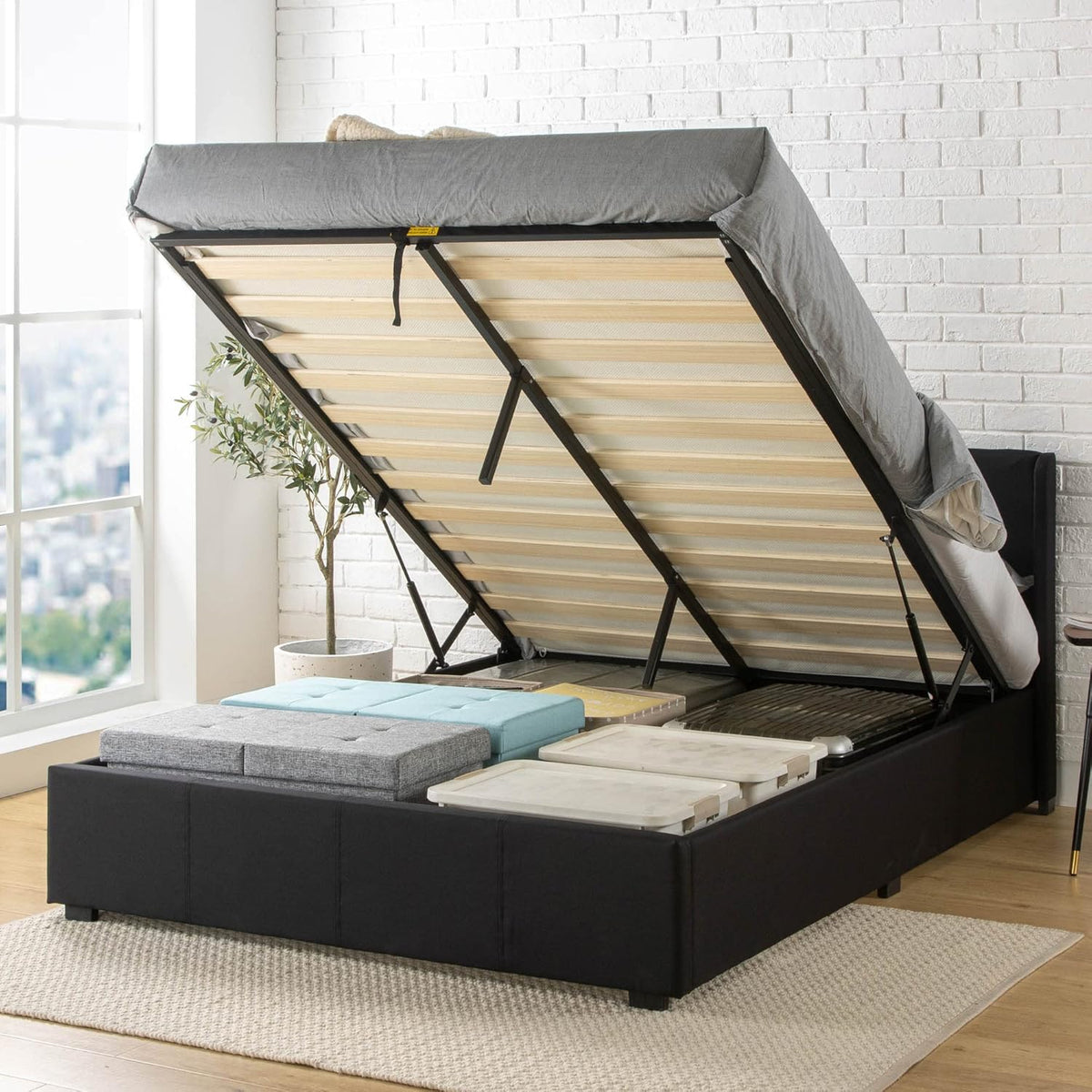 Zinus Maddon Lit 140 x 200 cm - Hauteur 31 cm avec Espace de Rangement sous Le lit - Cadre de lit rembourré avec Espace de Rangement - Noir