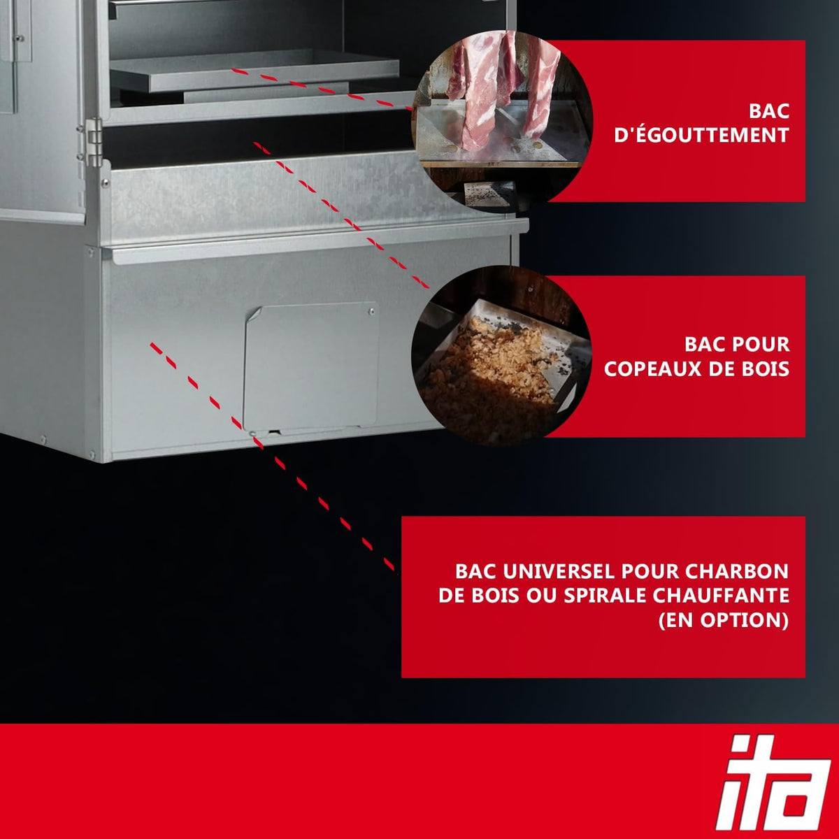 ITA Fumoir Électrique 7002 - Set Smoker avec chauffage, générateur de fumée - Armoire à fumage avec fenêtre & thermomètre - Acier inoxydable - Qualité UE, Direct fabricant - 81 cm avec 3 niveaux