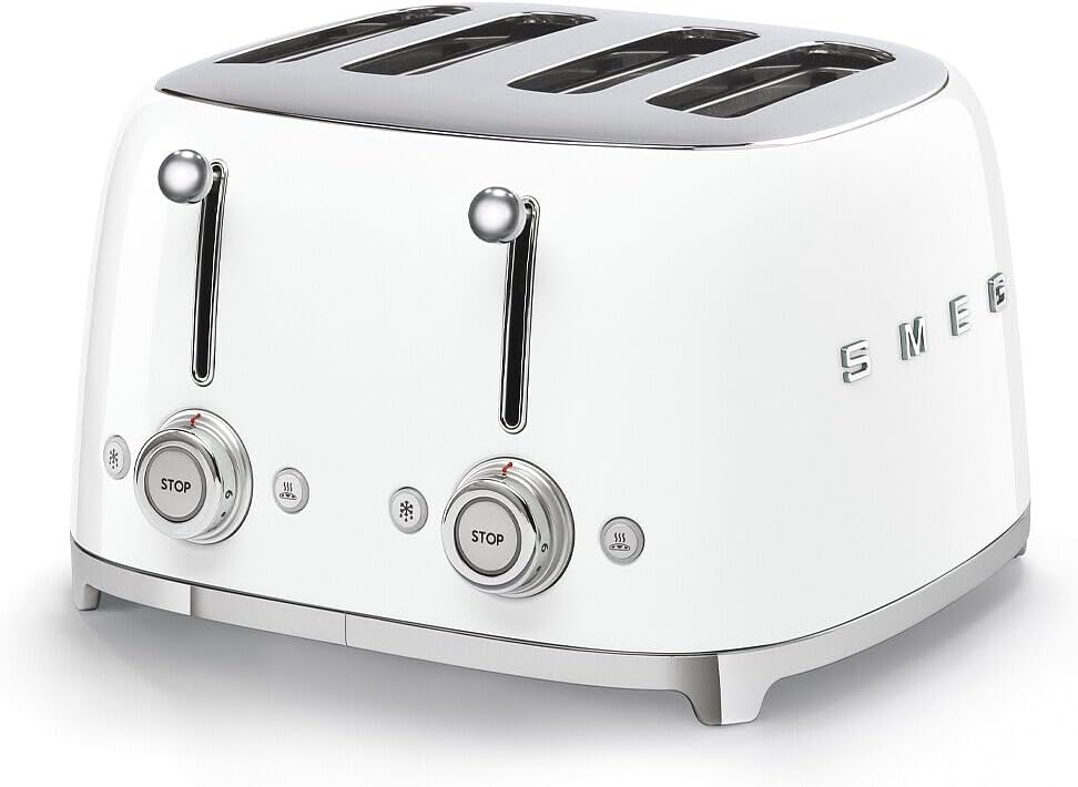 Smeg, Grille-pain 4 Tranches TSF03WHEU, 4 Fentes 36 mm, 6 Niveaux de Brunissage, Fonction Chauffage, Décongélation et Bagel, Éjection Automatique du Pain, 2 Ramasse Miettes, 2000 W, Blanc