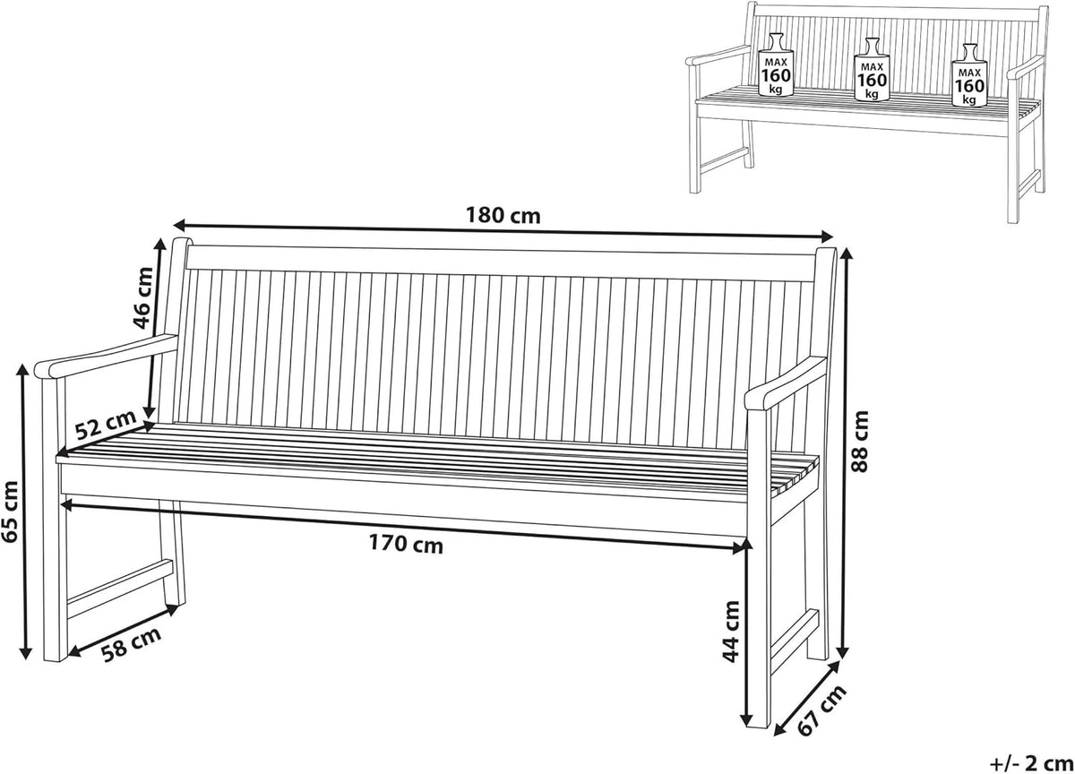 Beliani Banc de Jardin ou Terrasse 180 cm en Bois d'Acacia Certifié de Marron Clair Durable et Facile à Entretenir Design Traditionnel