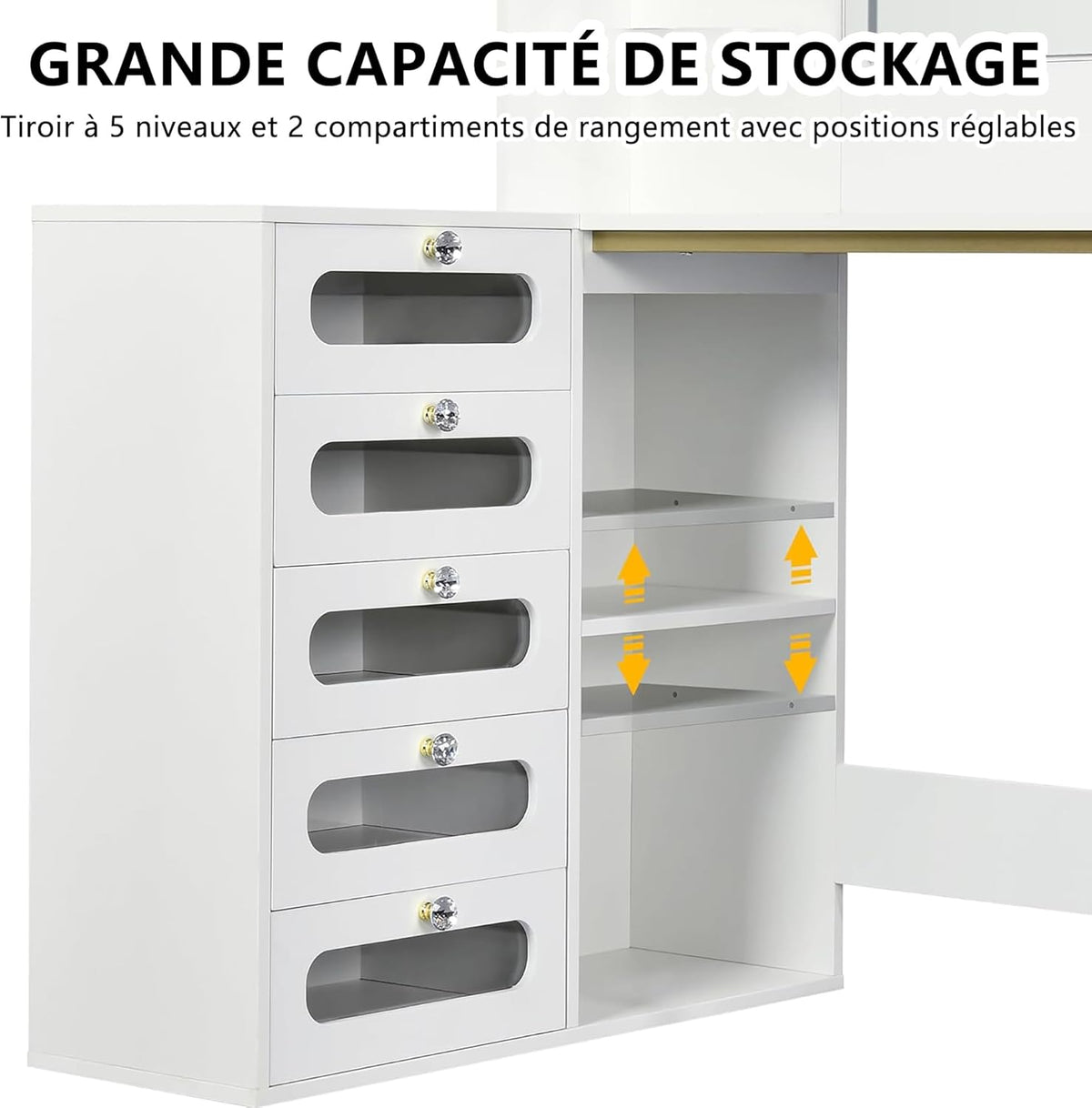 Coiffeuse avec Miroir Réglable LED et Tabouret, Coiffeuse d'angle en L, Commode Moderne avec 5 tiroirs et 2 étageres enacrylique, pour Chambre à Coucher, Salon, Blanc